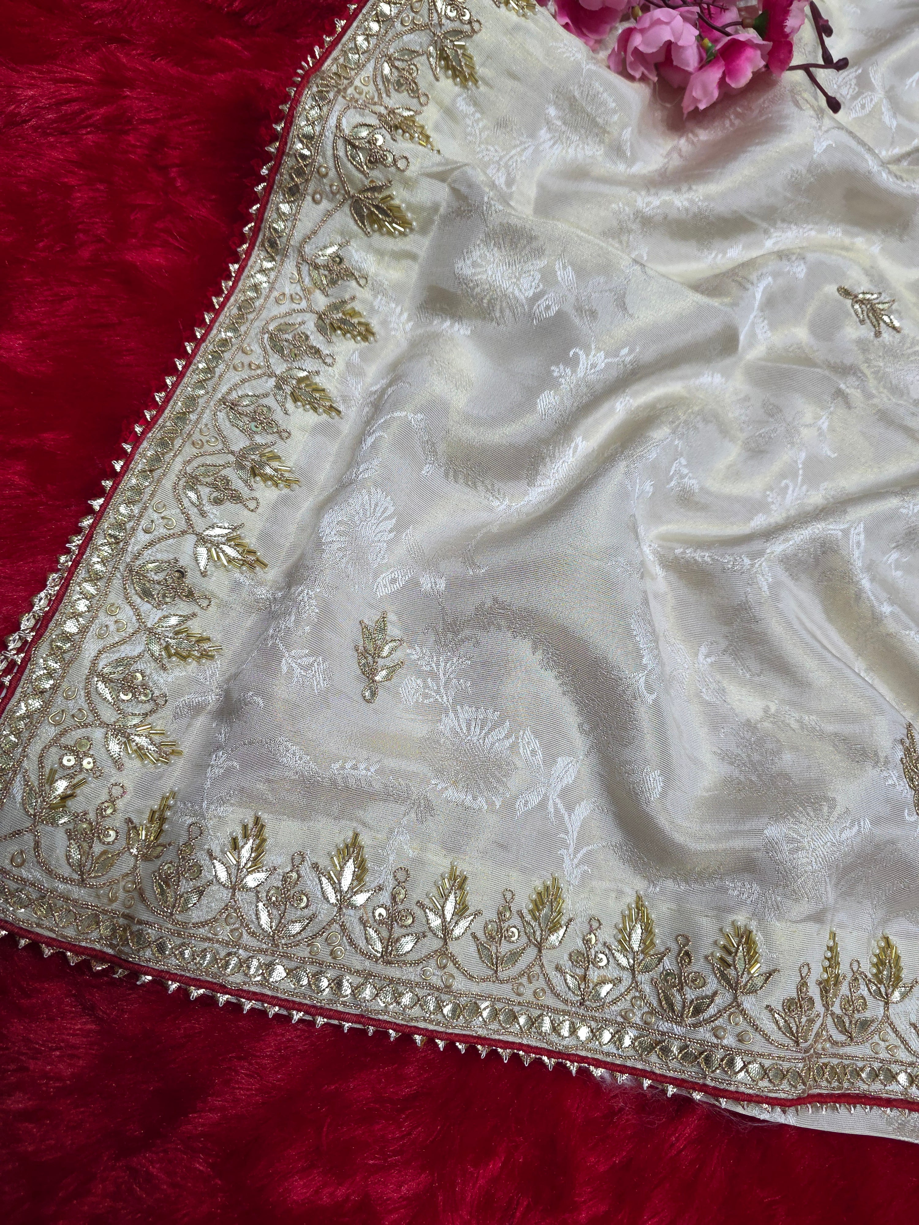 822009 Very Premium Pure Tissue Silk with Self Weaving Saree with Hand Gotapatti Work