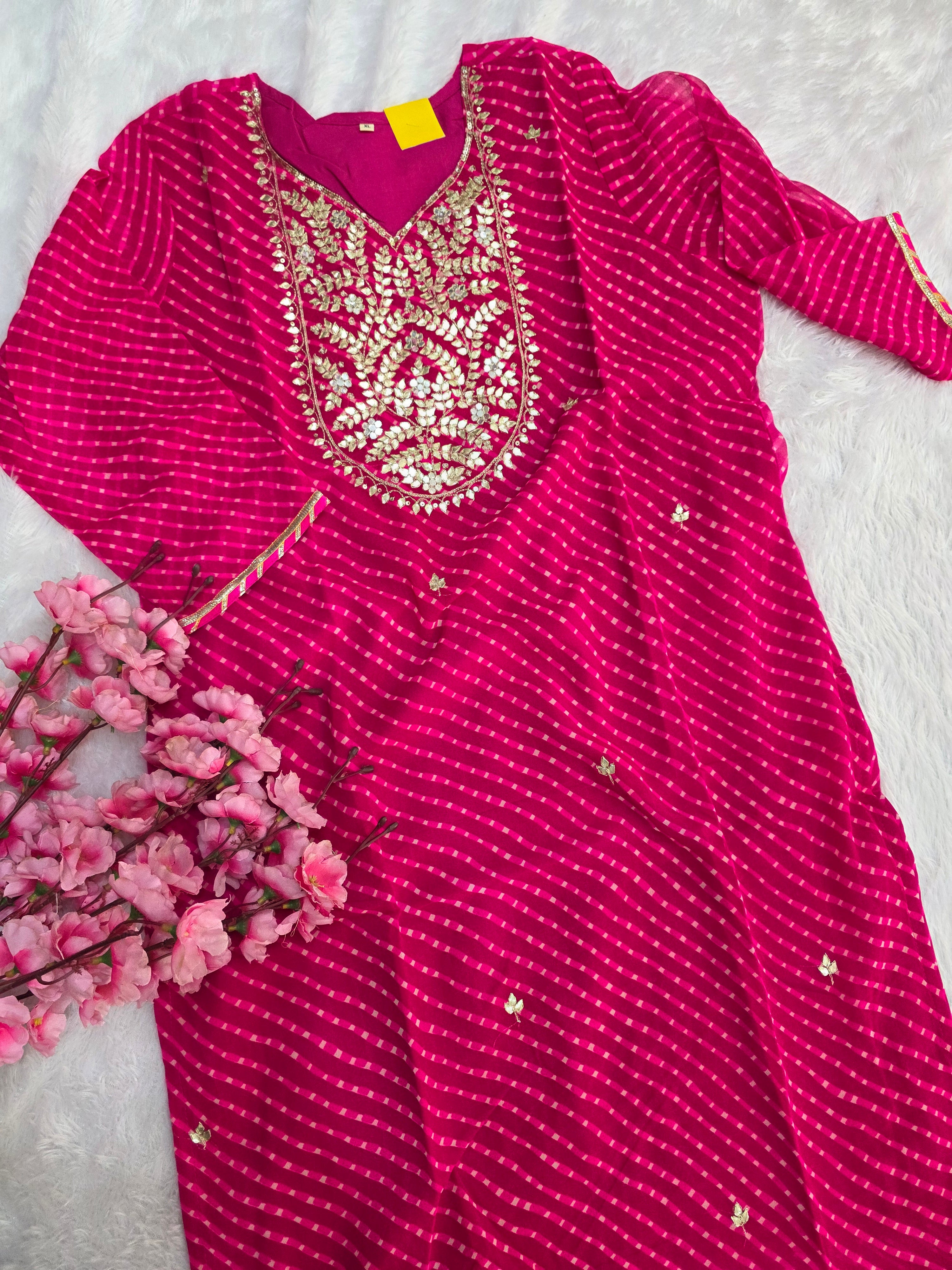 12169 Traditional Lehriya Mothra Print Georgette Straight Kurti with Hand Work