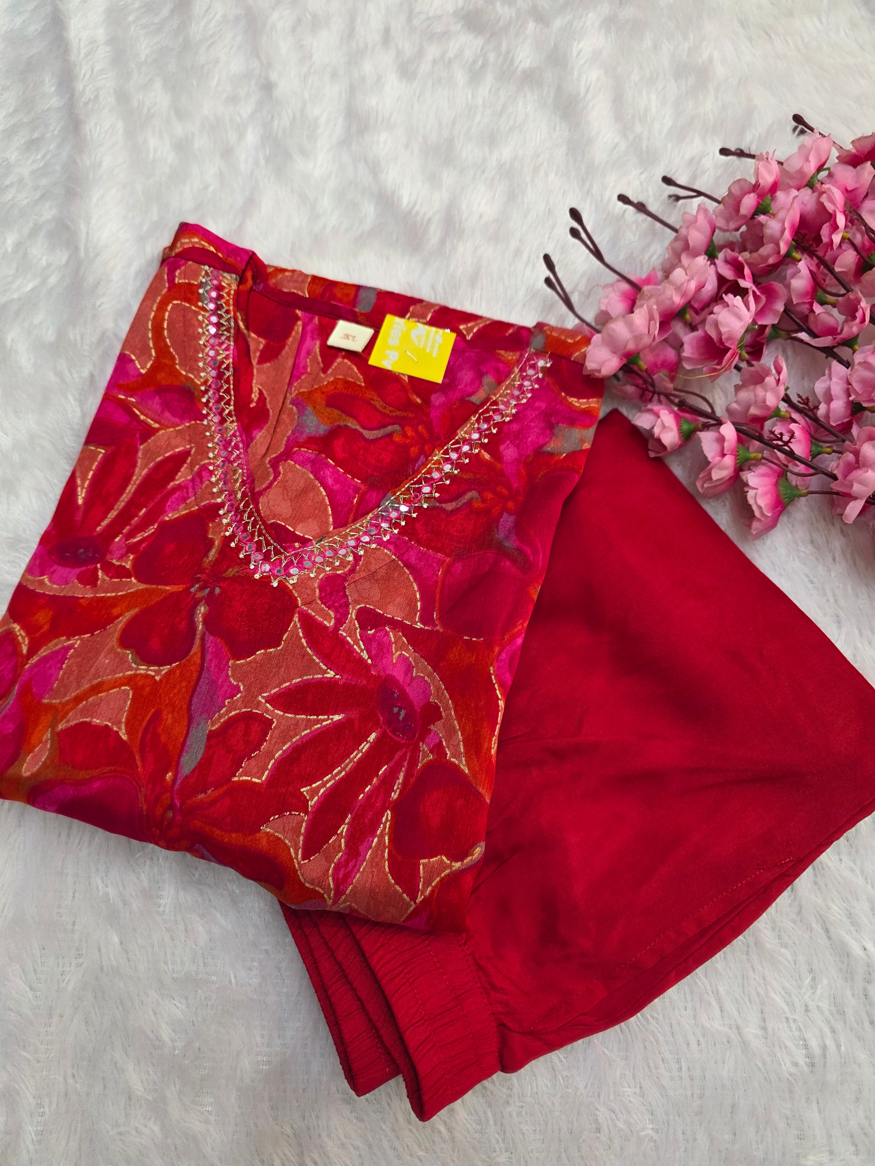 12153 Flower Pint Pure Chinon Silk Kurti With Pant