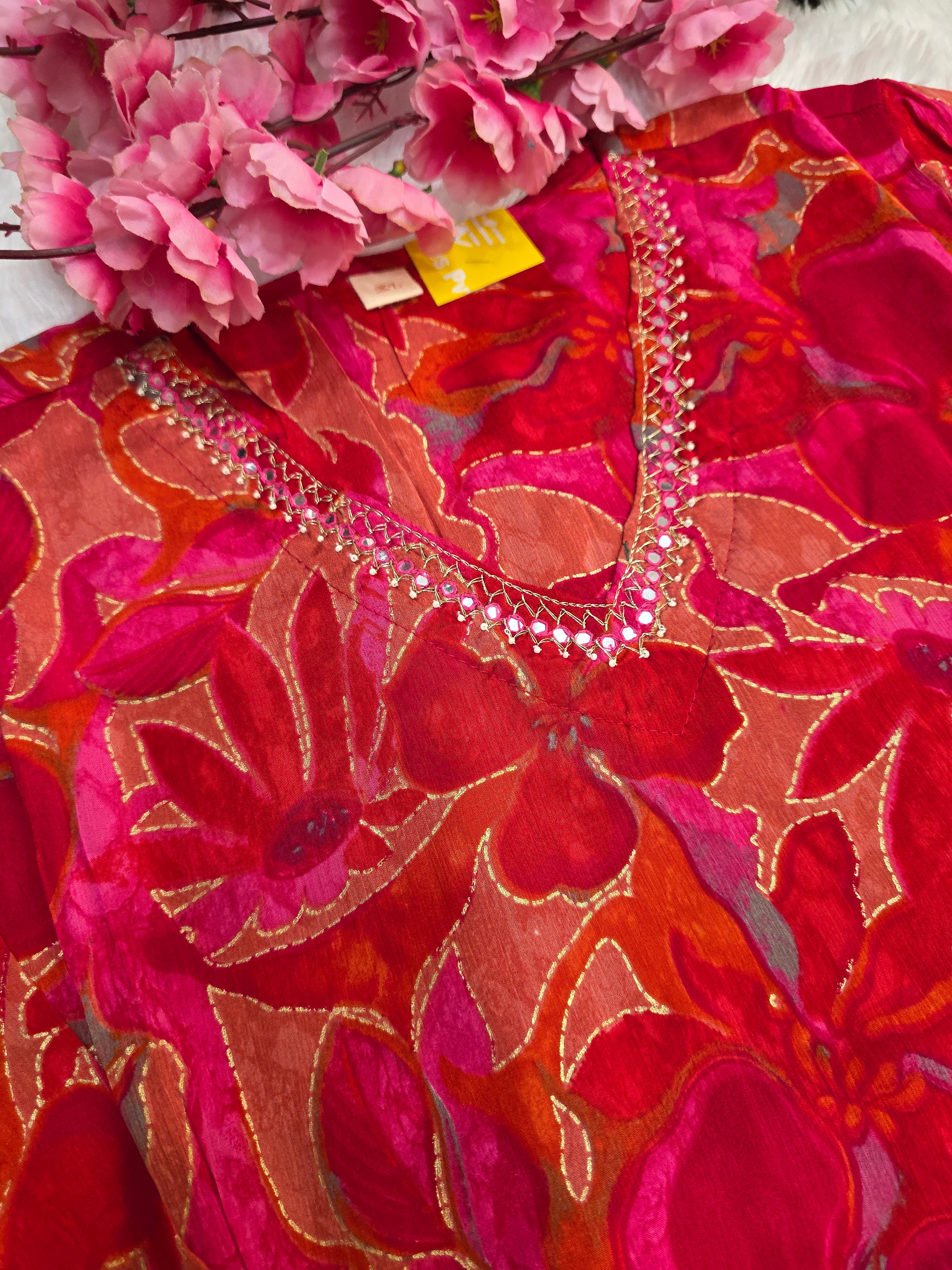 12153 Flower Pint Pure Chinon Silk Kurti With Pant