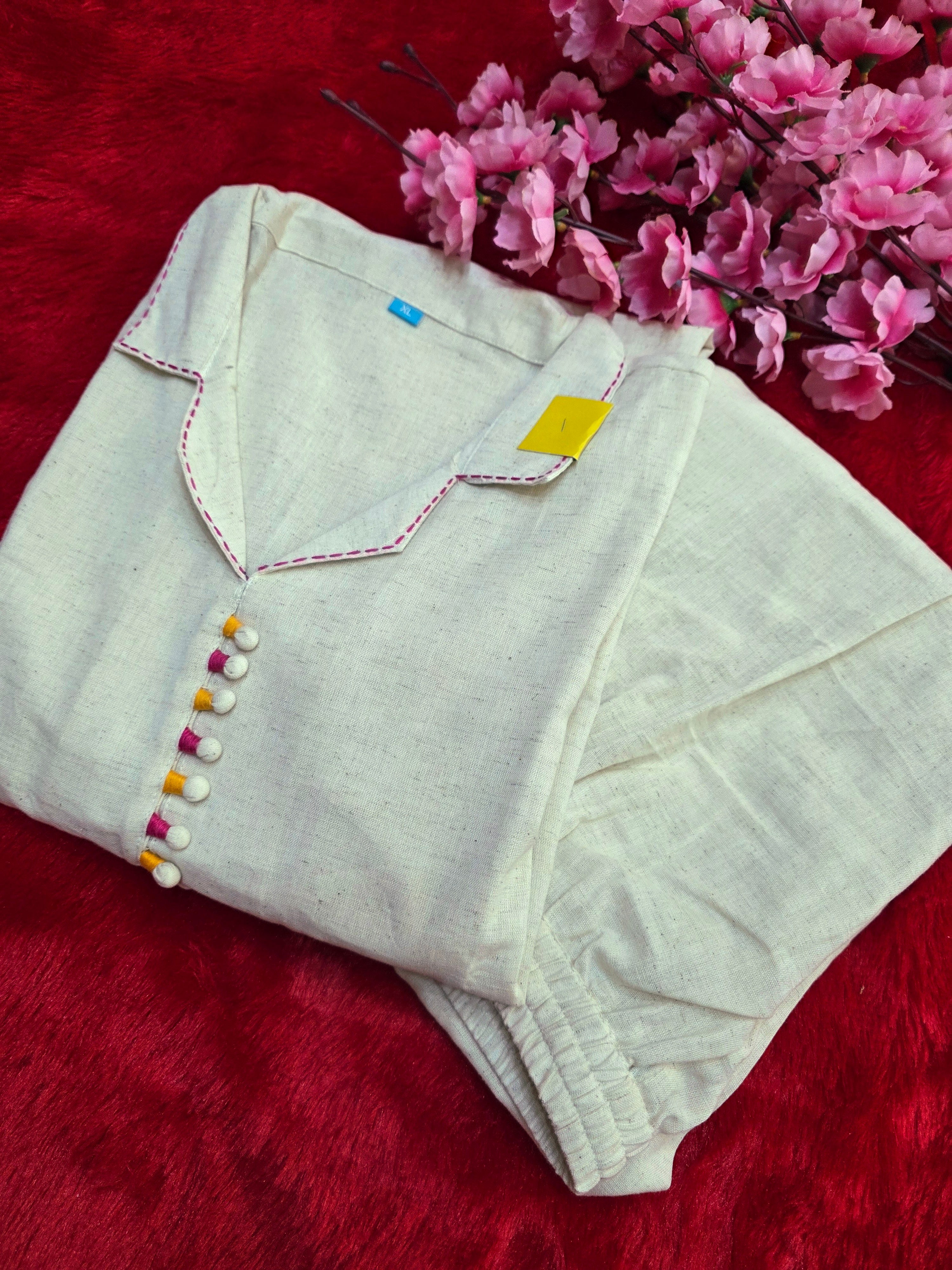 12164 Pure Natural Cotton Kurti With Embroidery Pant Set