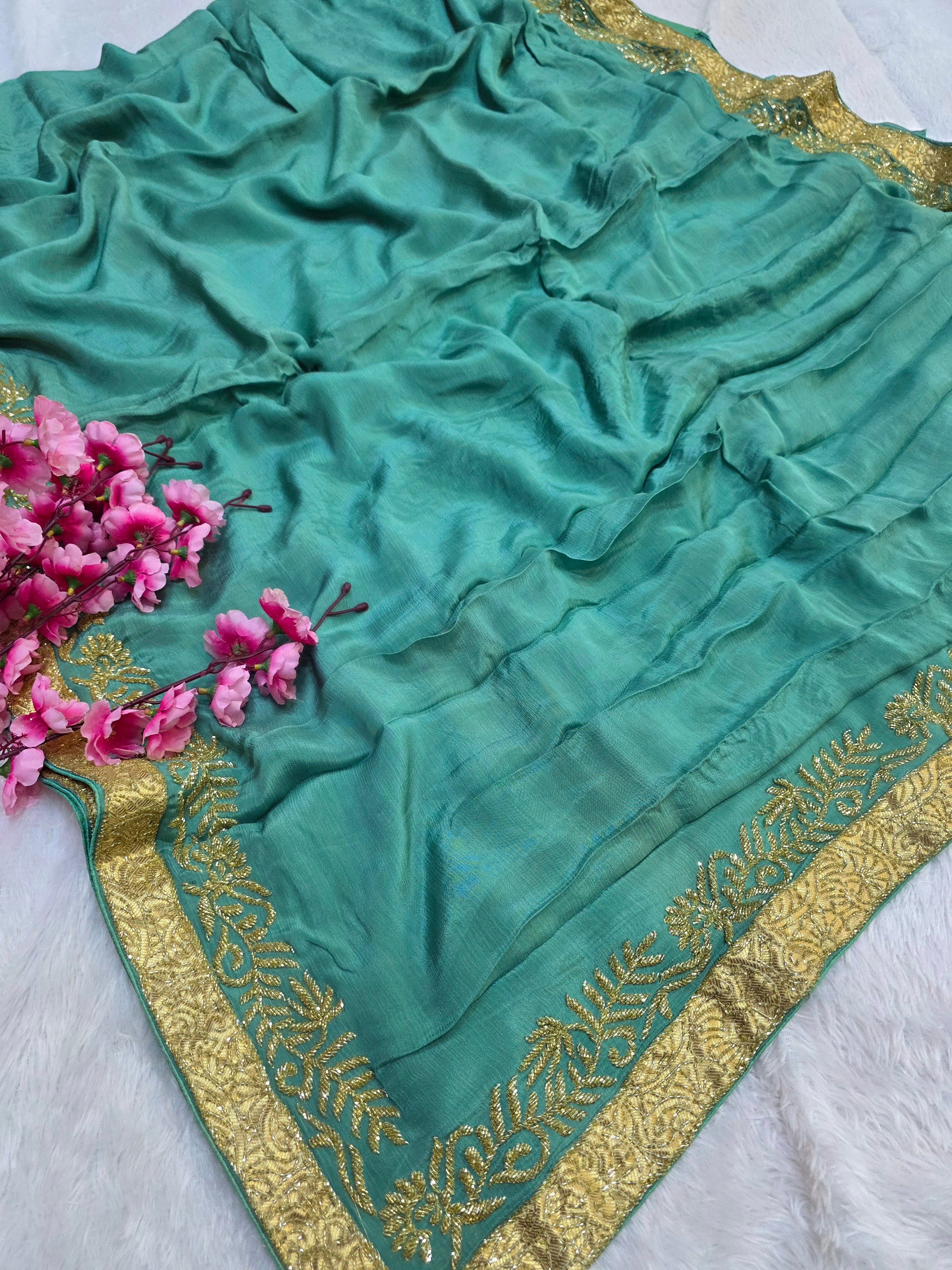 828009 Exclusive Designer Green Saree with Heavy Cutdana Work Border (142001)