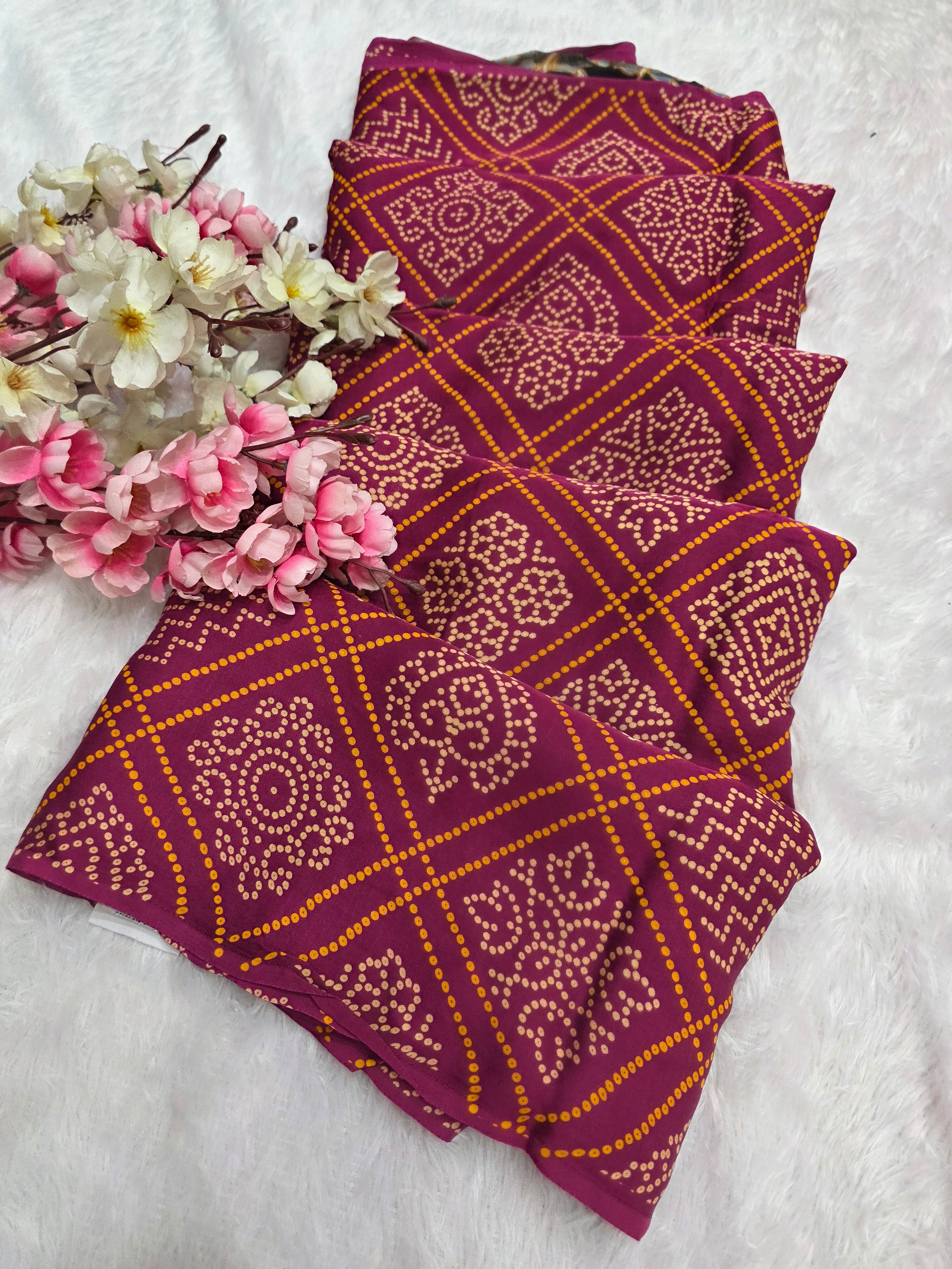 162004 Modal Silk Pure Ajrakh Bandhani Saree Kalamkari Zari Pallu and Ajrakh Printed Blouse - Wine