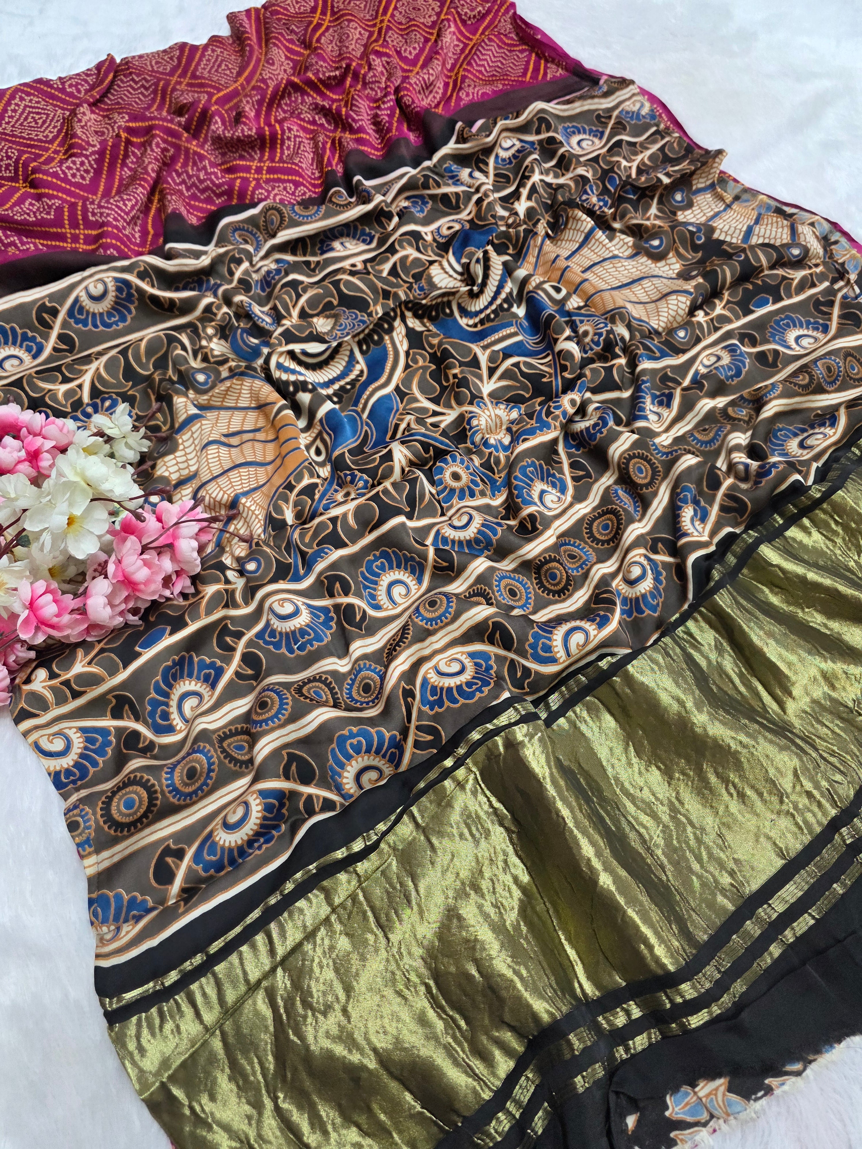 162004 Modal Silk Pure Ajrakh Bandhani Saree Kalamkari Zari Pallu and Ajrakh Printed Blouse - Wine