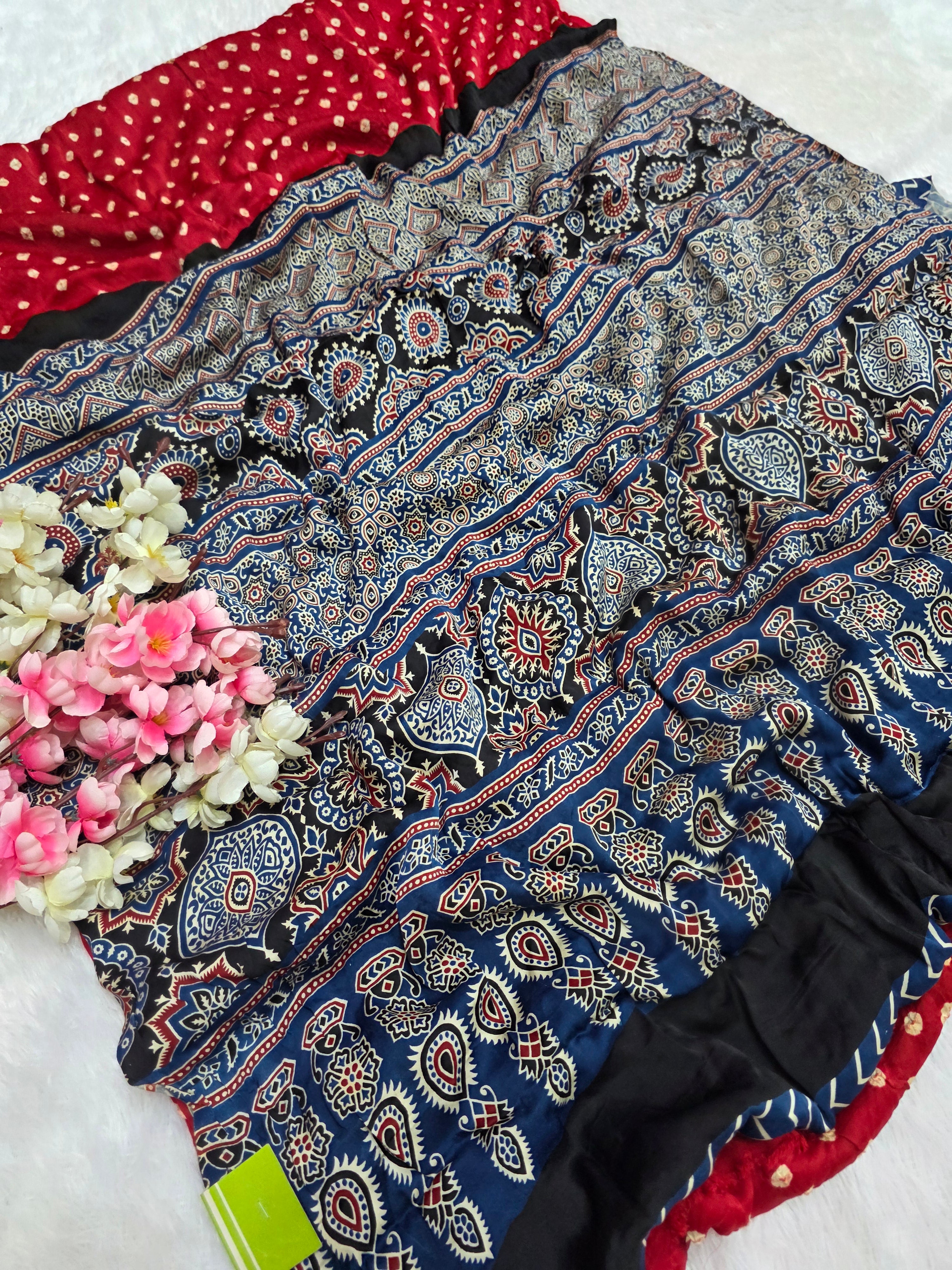 143001 Modal Silk  Ajrakh Saree with Hand Bandhani - Red