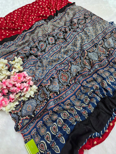143001 Modal Silk  Ajrakh Saree with Hand Bandhani - Red