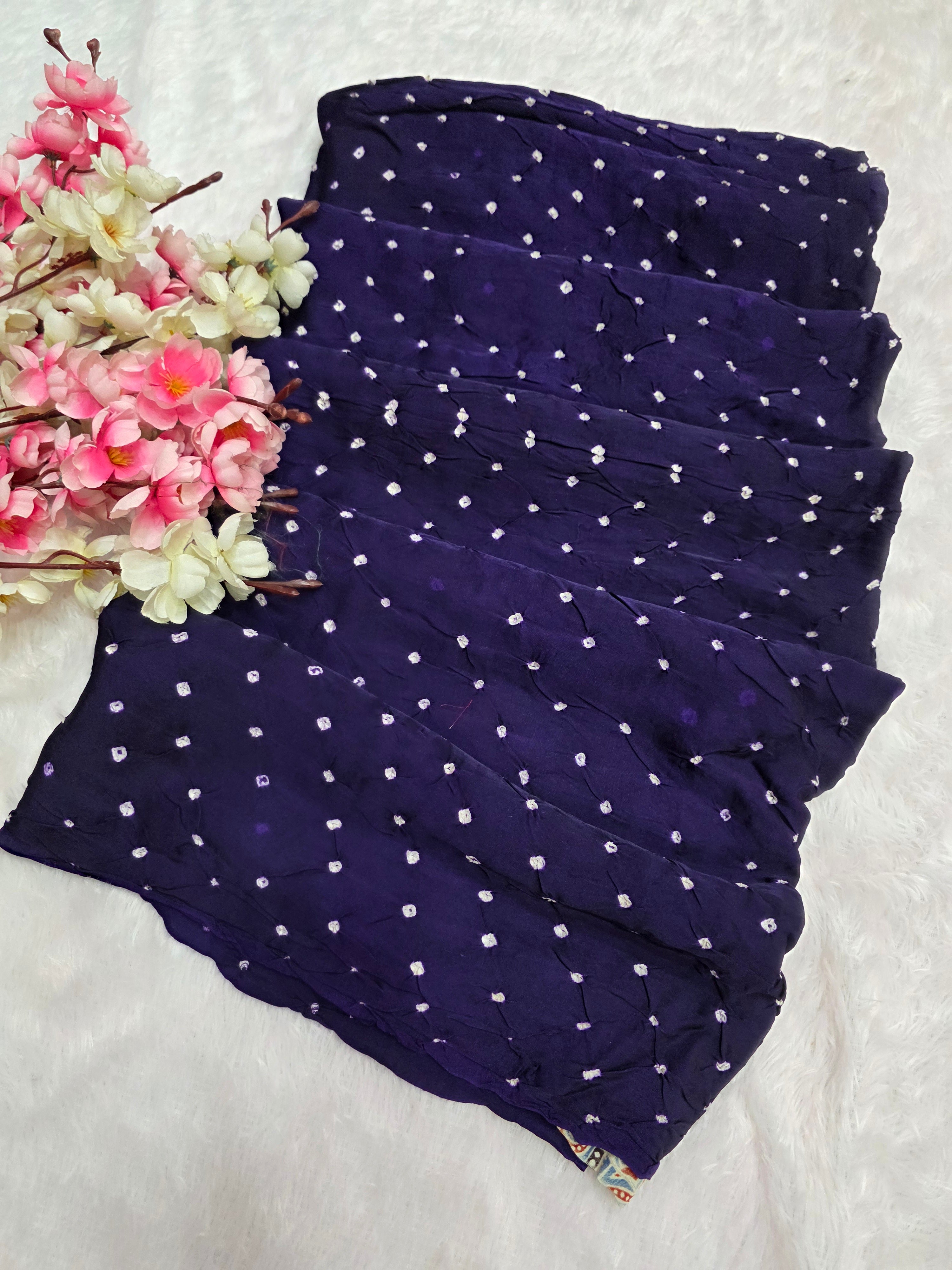 143001 Modal Silk  Ajrakh Saree with Hand Bandhani - Brinjal Blue