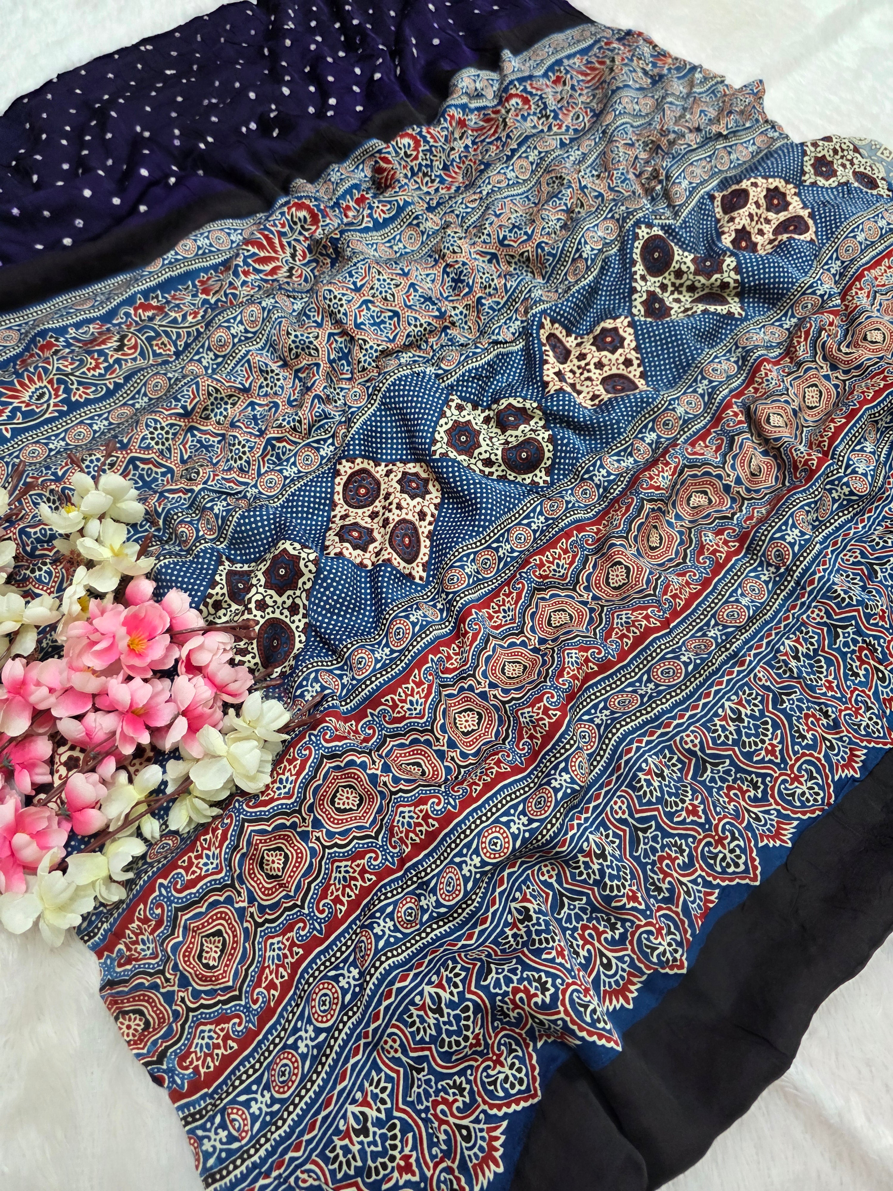 143001 Modal Silk  Ajrakh Saree with Hand Bandhani - Brinjal Blue