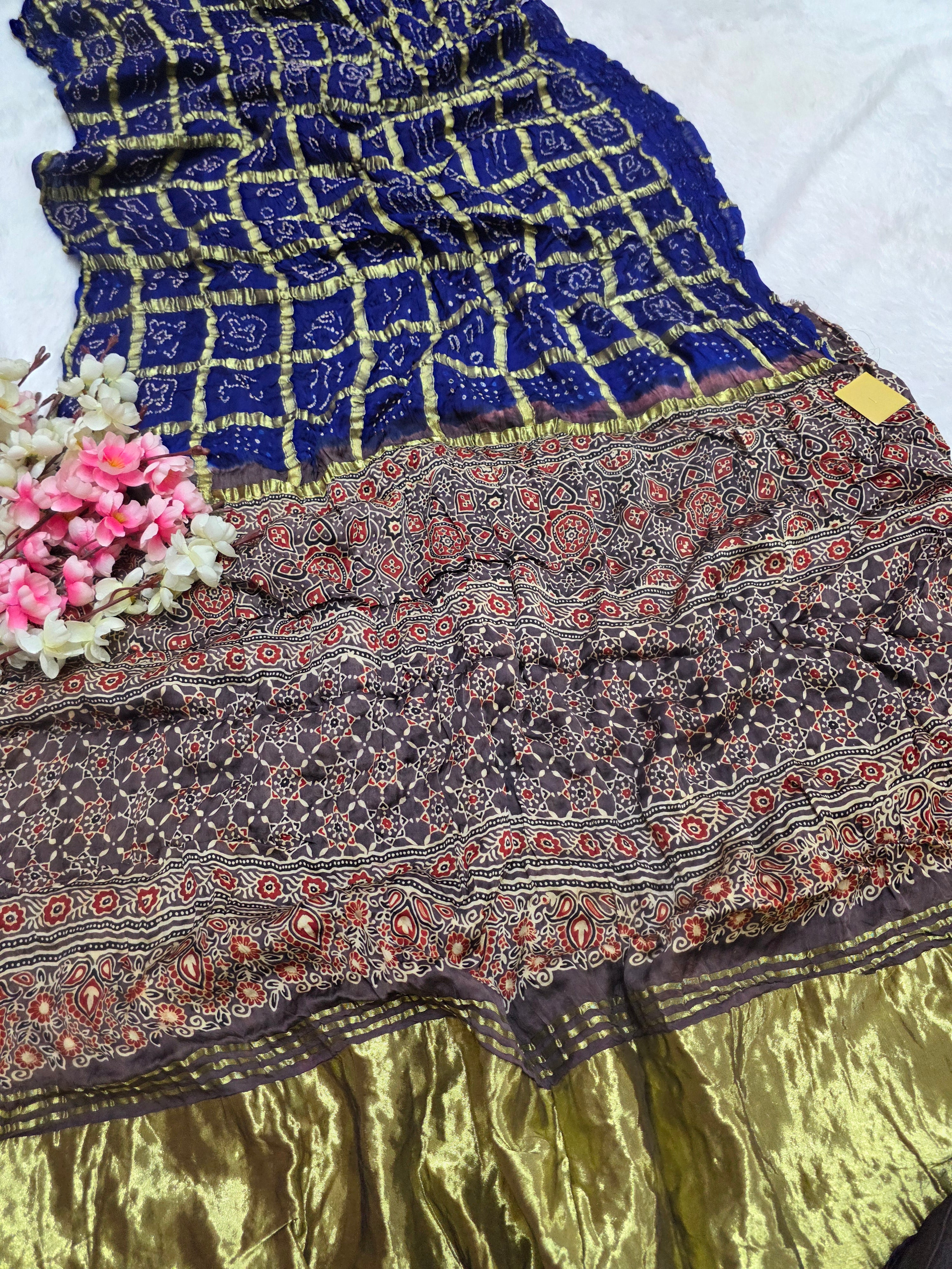 143005 Modal Silk Ajrakh Saree With Zari Checks and Bandhnai