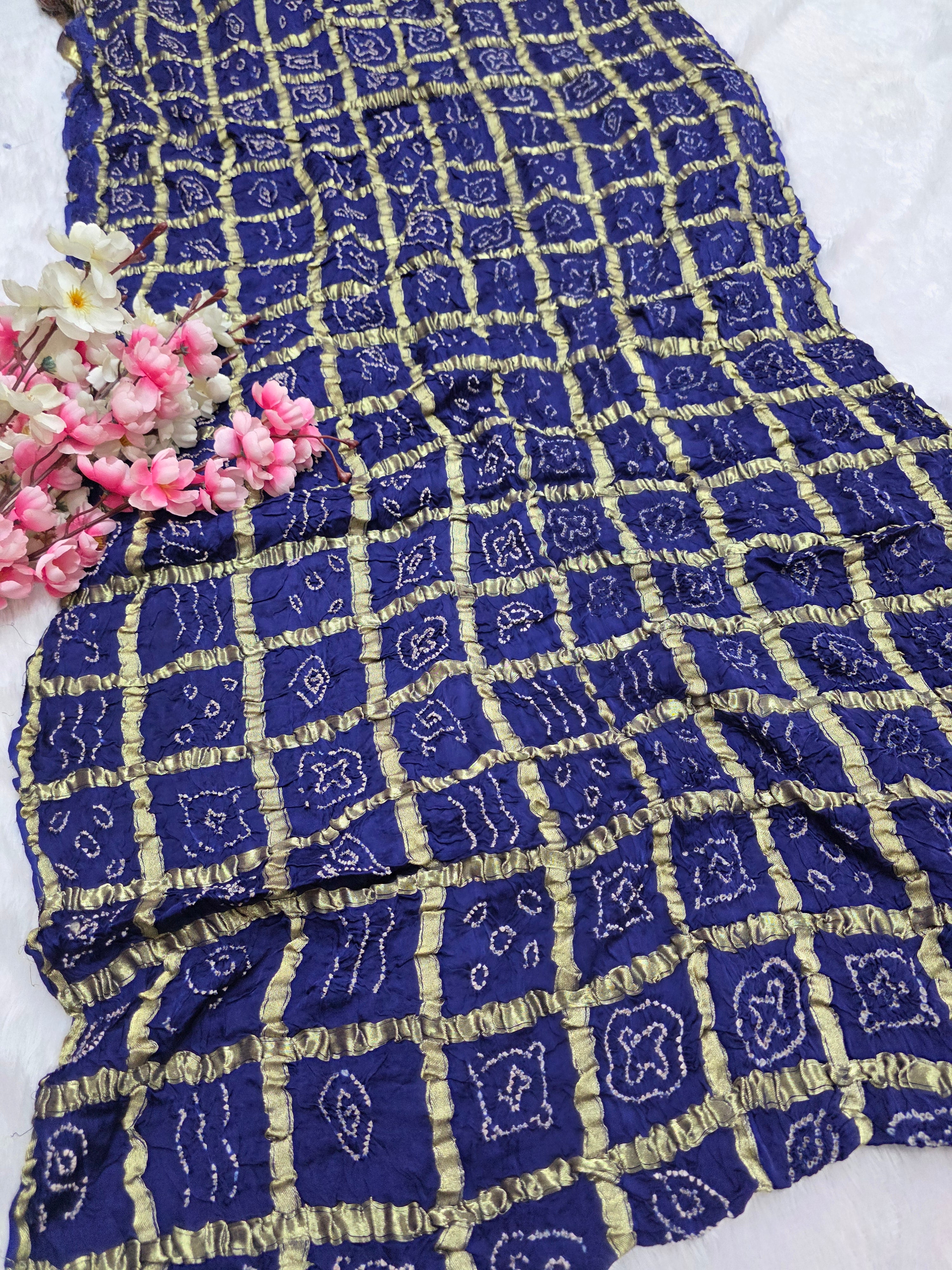 143005 Modal Silk Ajrakh Saree With Zari Checks and Bandhnai