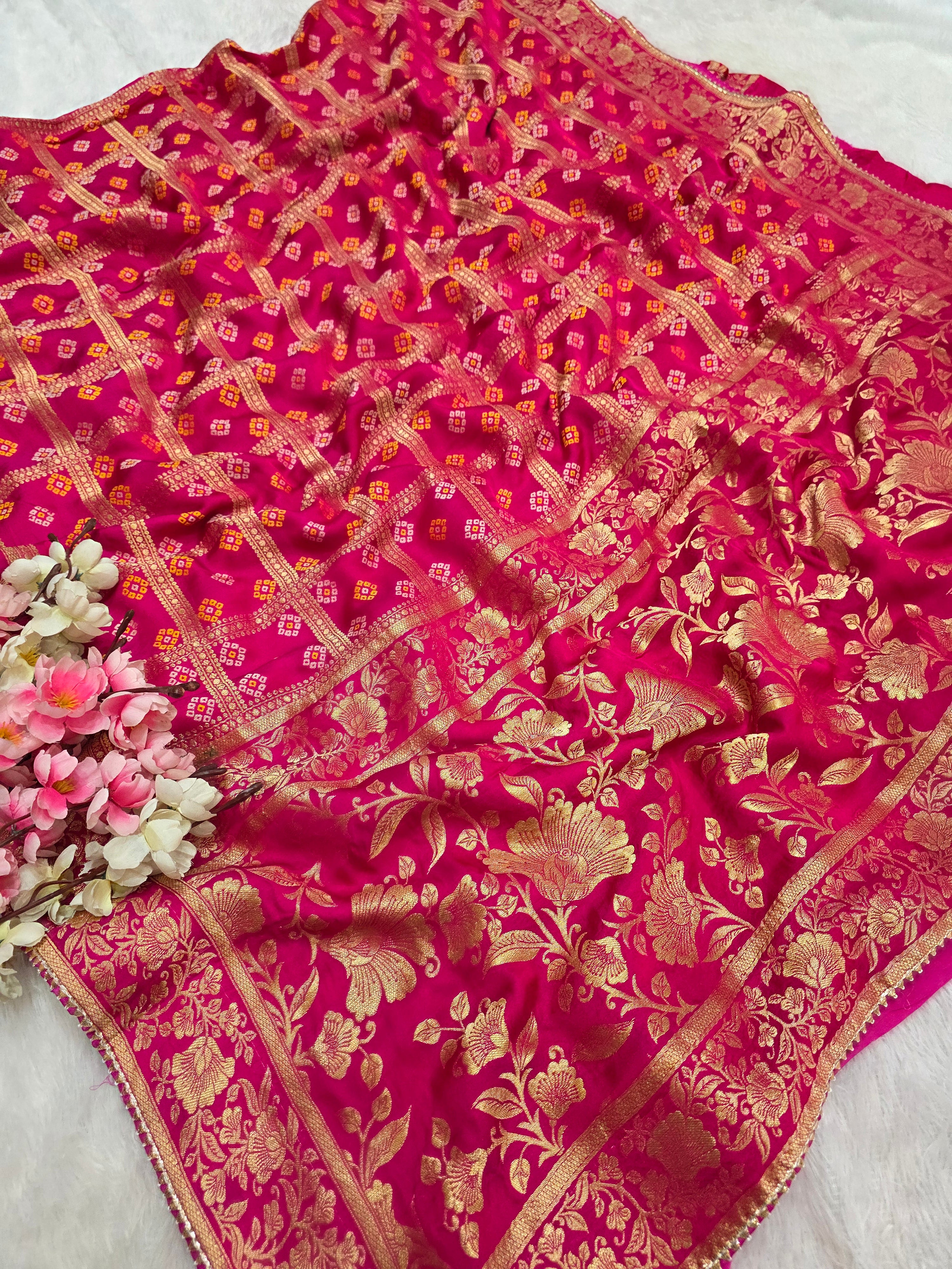 127004 Pure Gajji Silk Bandhani Saree With Banarasi Zari Work All Over