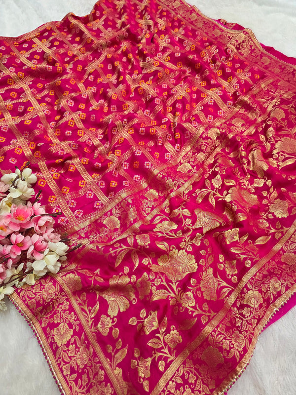 127004 Pure Gajji Silk Bandhani Saree With Banarasi Zari Work All Over