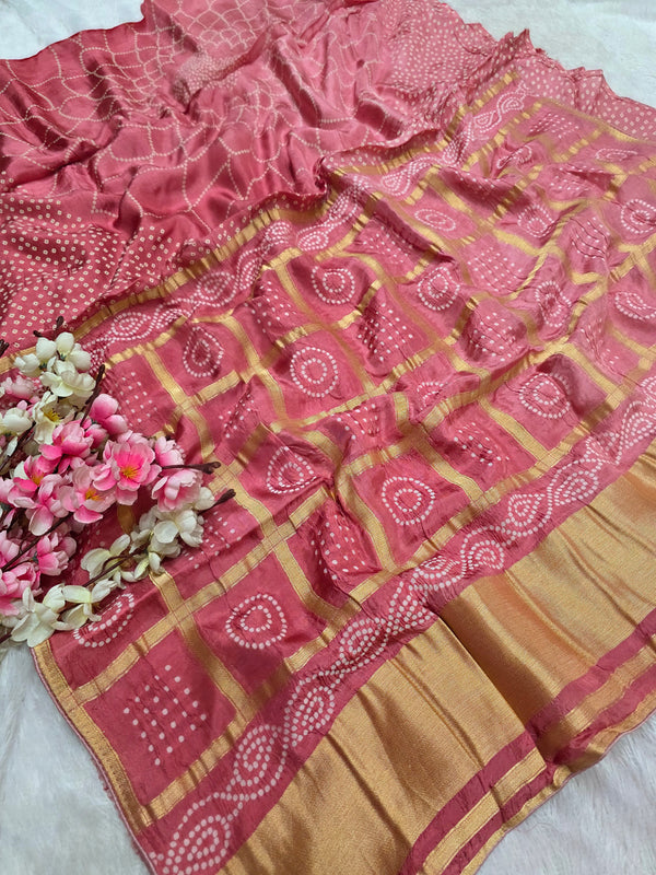 780006 Pure Opara Silk Bandhani Saree With Ghatchola Pallu - Peach