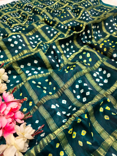 624003 Ghatchola Gajji Silk Saree With Hand Bandhani with Lagadi Patta - Green