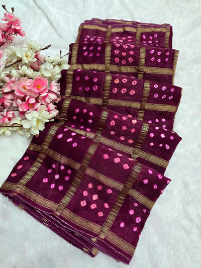 624003 Ghatchola Gajji Silk  Hand Bandhani Saree with Lagadi Patta - Purple