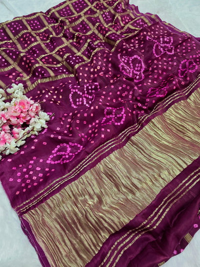 624003 Ghatchola Gajji Silk  Hand Bandhani Saree with Lagadi Patta - Purple