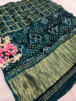 624003 Ghatchola Gajji Silk Saree With Hand Bandhani with Lagadi Patta - Green