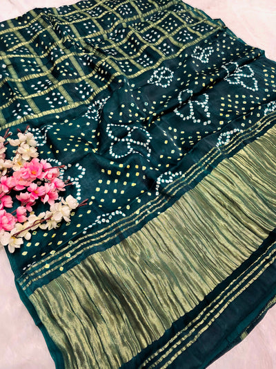 624003 Ghatchola Gajji Silk Saree With Hand Bandhani with Lagadi Patta - Green