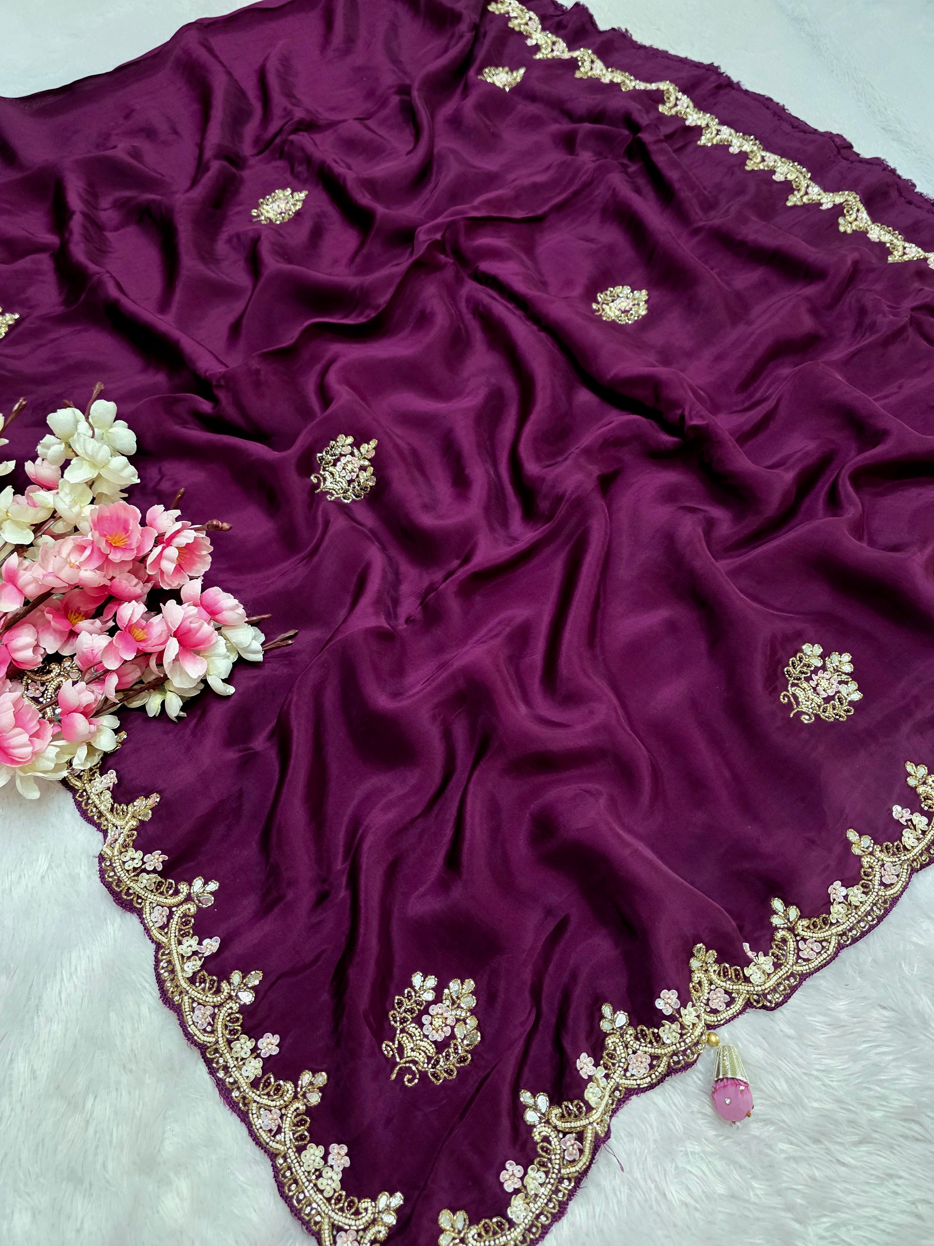 909003 Pure Crepe Silk Party Wear Saree With Premium Handwork 1700