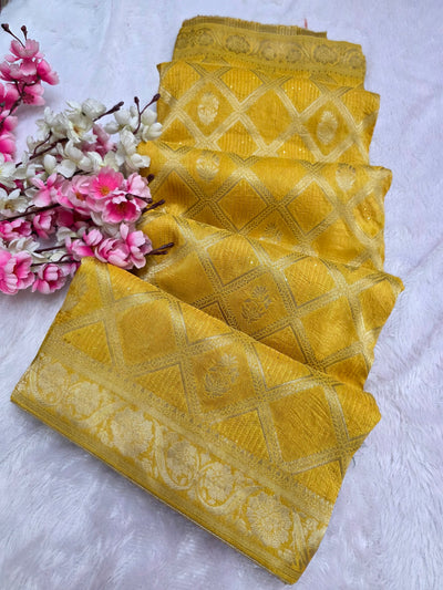 506007 शुद्ध रूसी रेशम बुनाई पार्टी पहनने साड़ी अनुक्रम के साथ - पीला 133005 