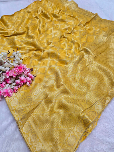 506007 शुद्ध रूसी रेशम बुनाई पार्टी पहनने साड़ी अनुक्रम के साथ - पीला 133005 