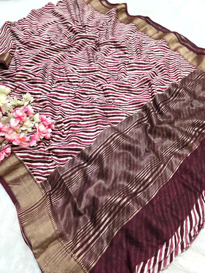 605002 डिज़ाइनर मसलिन लहरिया साड़ी ज़री वर्क के साथ - मैरून वाइन 