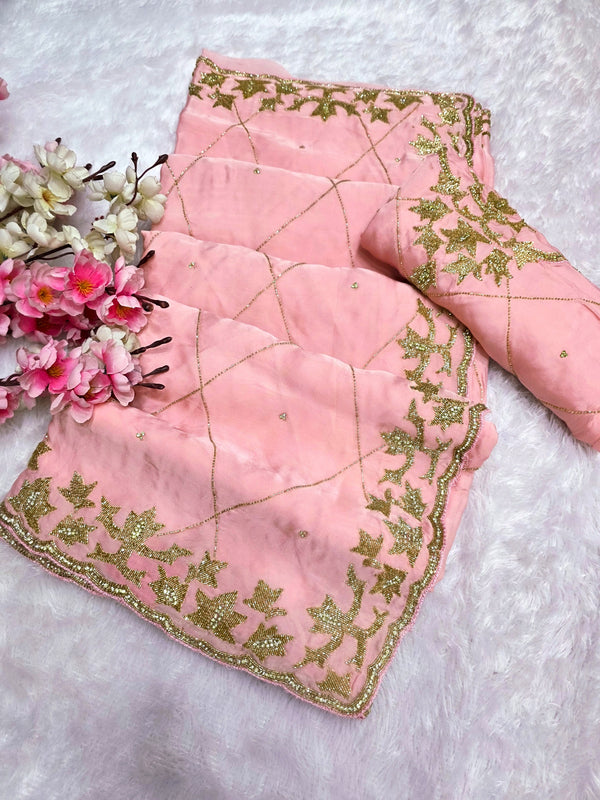 159005 Pure Crepe Silk Saree With Unique Handwork On All Over Saree