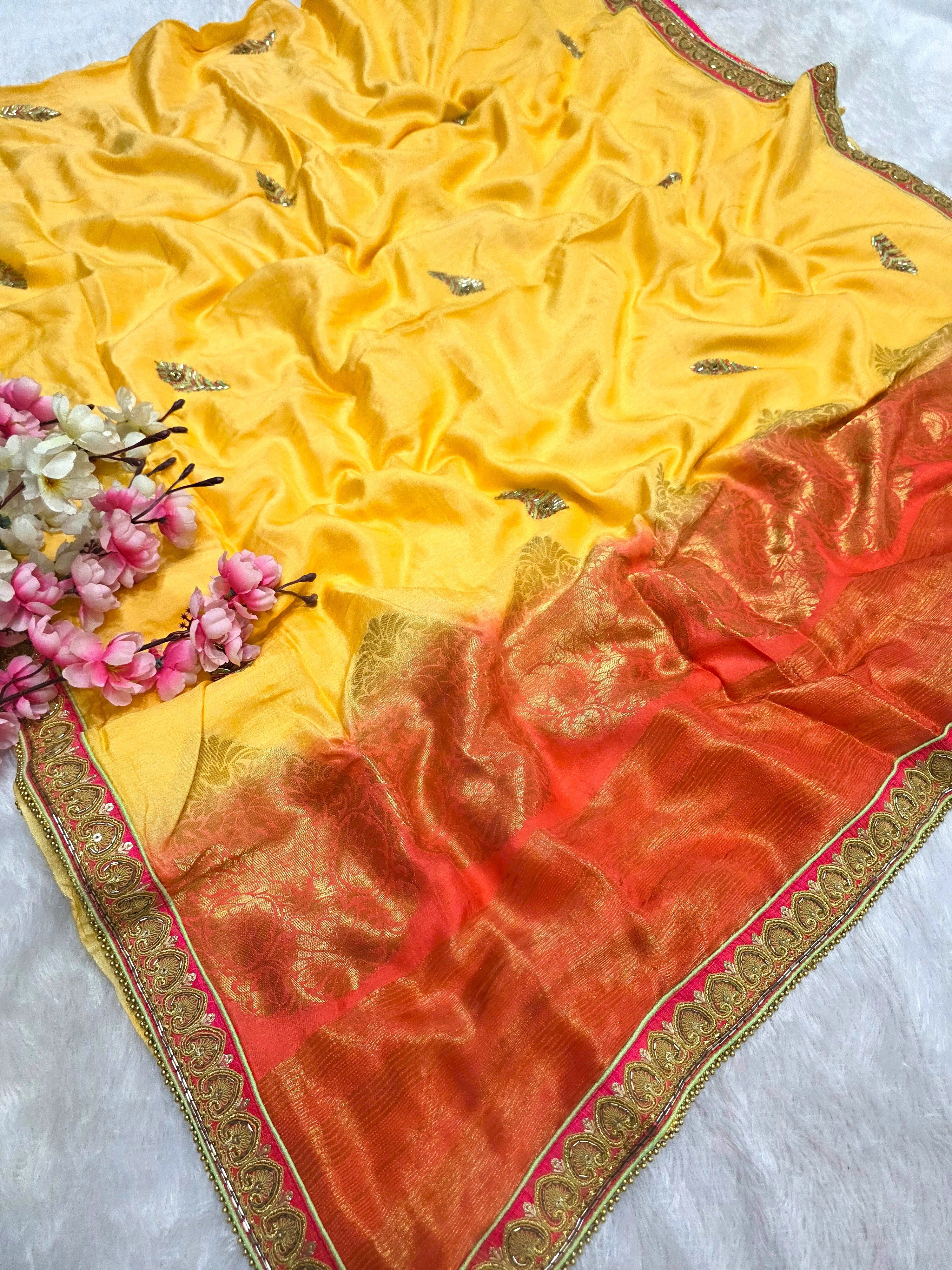 159008 अद्वितीय बनारसी पल्लू और कोलकाता हस्तकला के साथ शुद्ध रूसी सिल्क साड़ी - पीला 