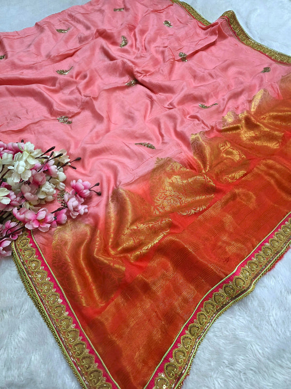159008 Pure Russian Sillk Saree With Unique Banarasi Pallu and Kolkata Handwork - Pink