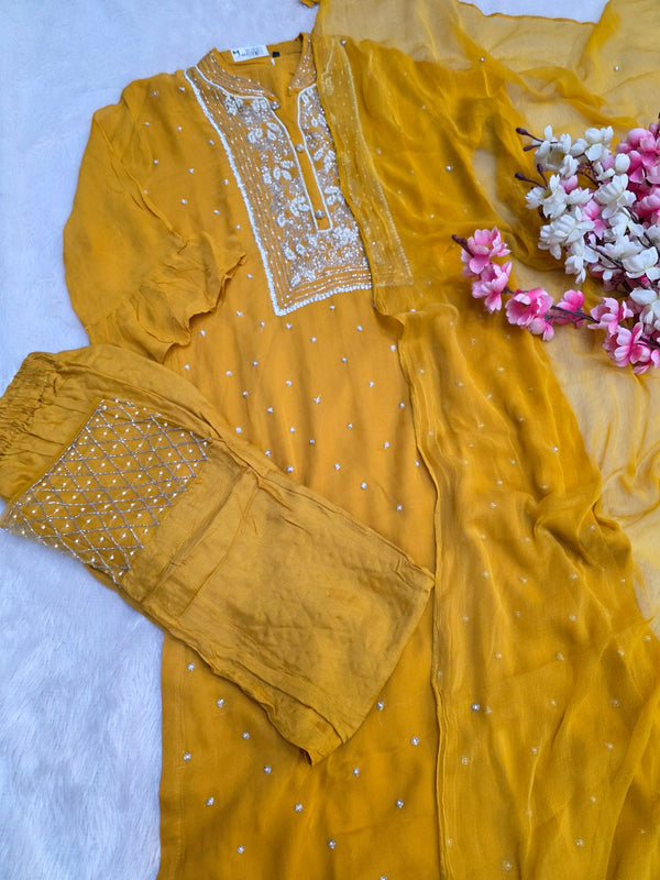 862002 Designer Yellow Georgette Kurti With Pant and Dupatta