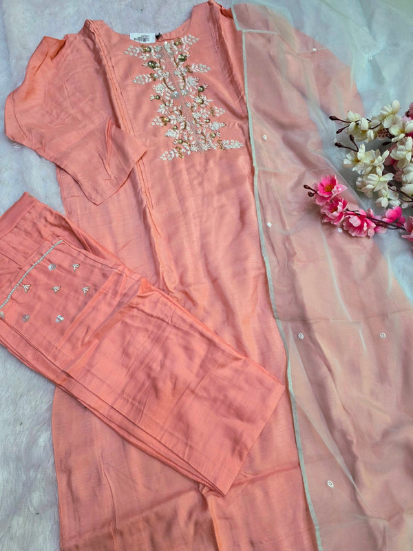 862001 Designer Pink Maslin A-Line Kurti With Pant and Dupatta