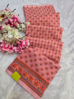 485002 Supernet Flower Print Saree - Peach