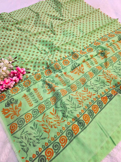 485002 सुपरनेट फ्लावर प्रिंट साड़ी - हरा 