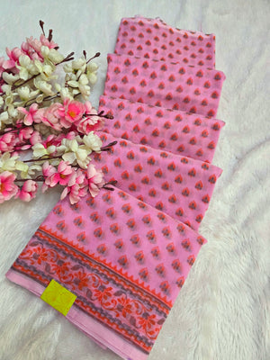 485002 Supernet Flower Print Saree - Pink