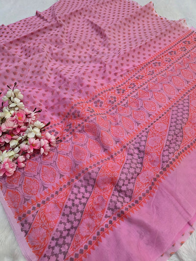 485002 सुपरनेट फ्लावर प्रिंट साड़ी - बेबी पिंक 