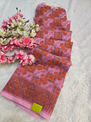 485001 Supernet Block Printed Casual Saree - Pink