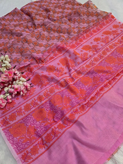 485001 सुपरनेट फ्लावर प्रिंट साड़ी - गहरा गुलाबी 