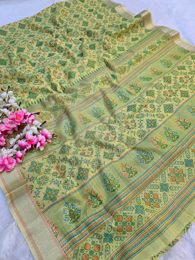 396007 टिशू कॉटन पटोला प्रिंट साड़ी - हरा 