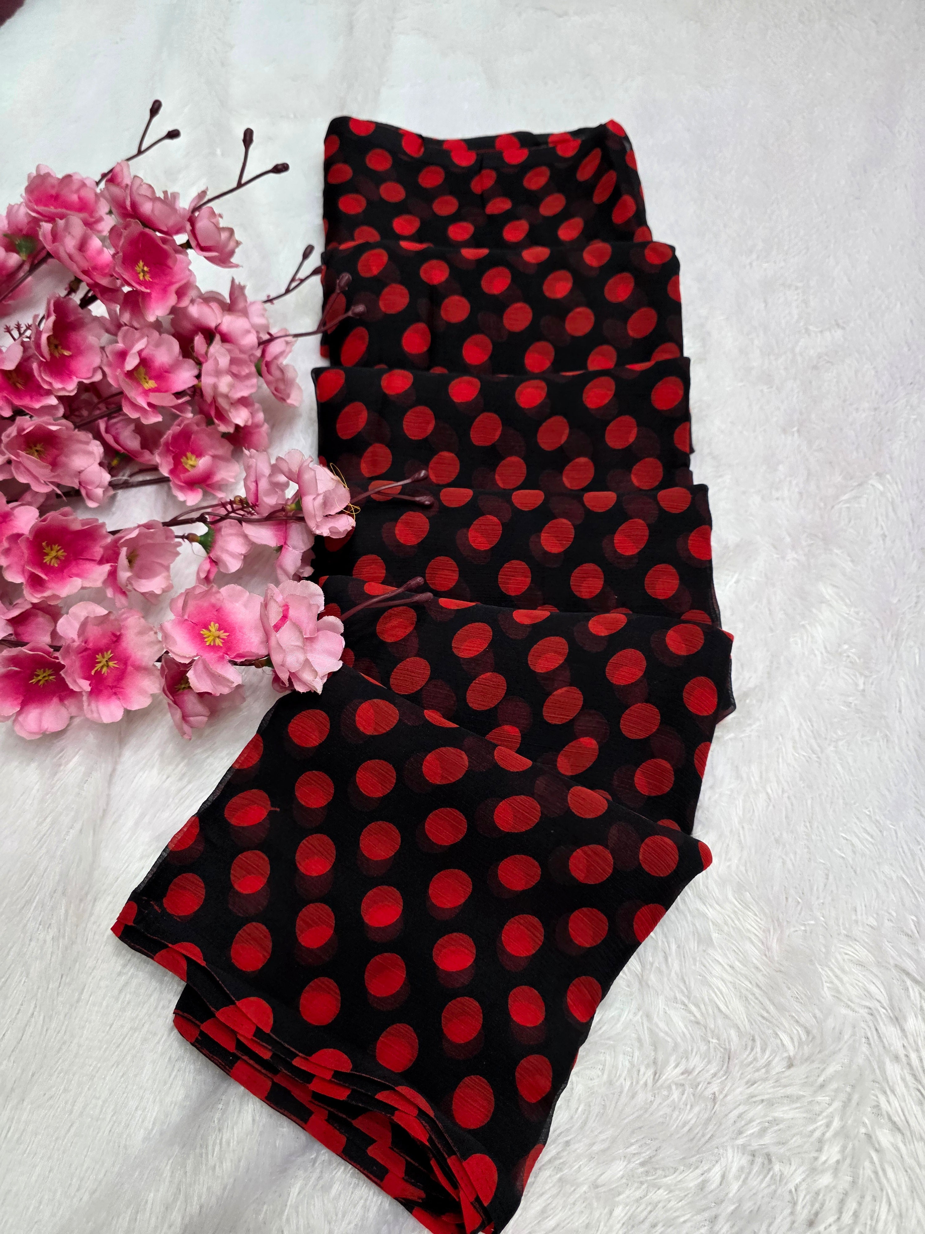 845003 Lightweight Elegant Semi Chiffon Polki Dot Print Saree - Black Red