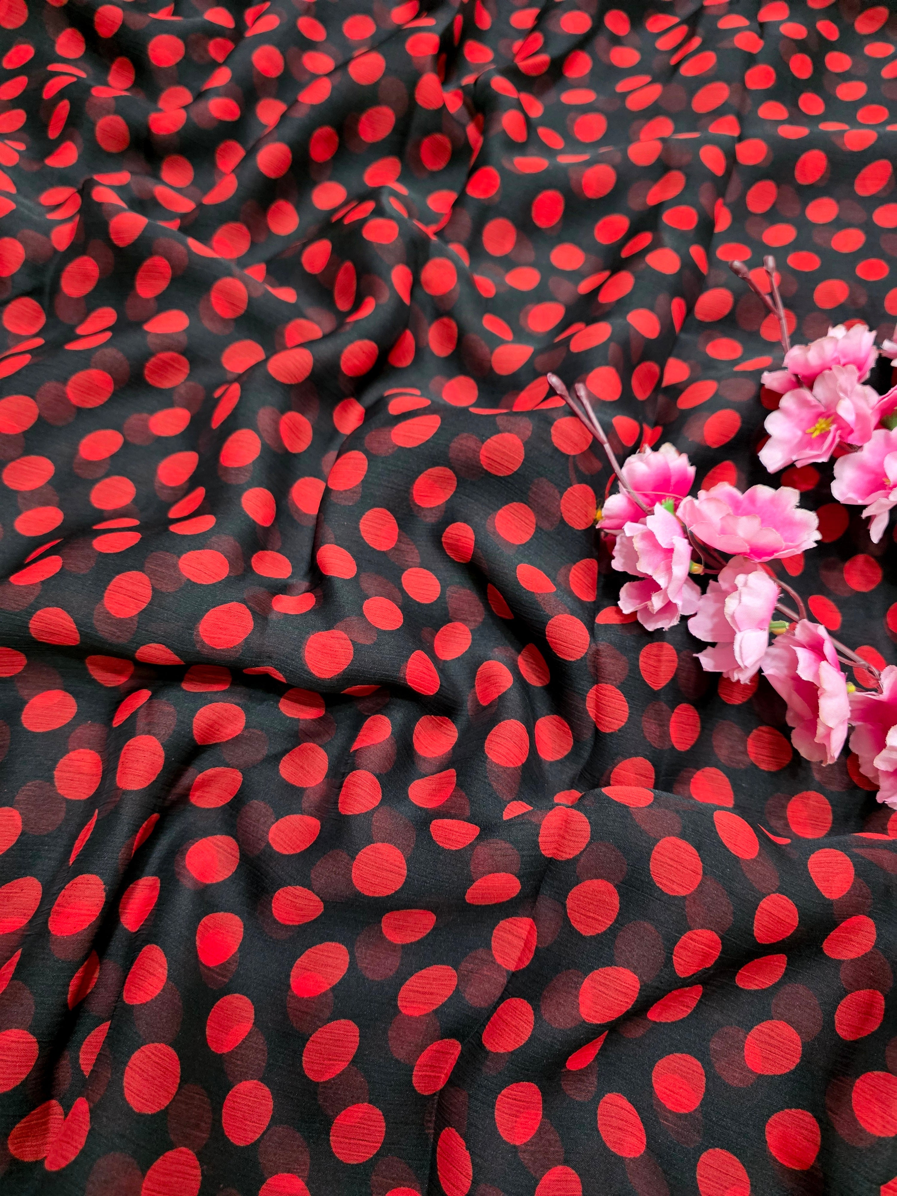845003 Lightweight Elegant Semi Chiffon Polki Dot Print Saree - Black Red