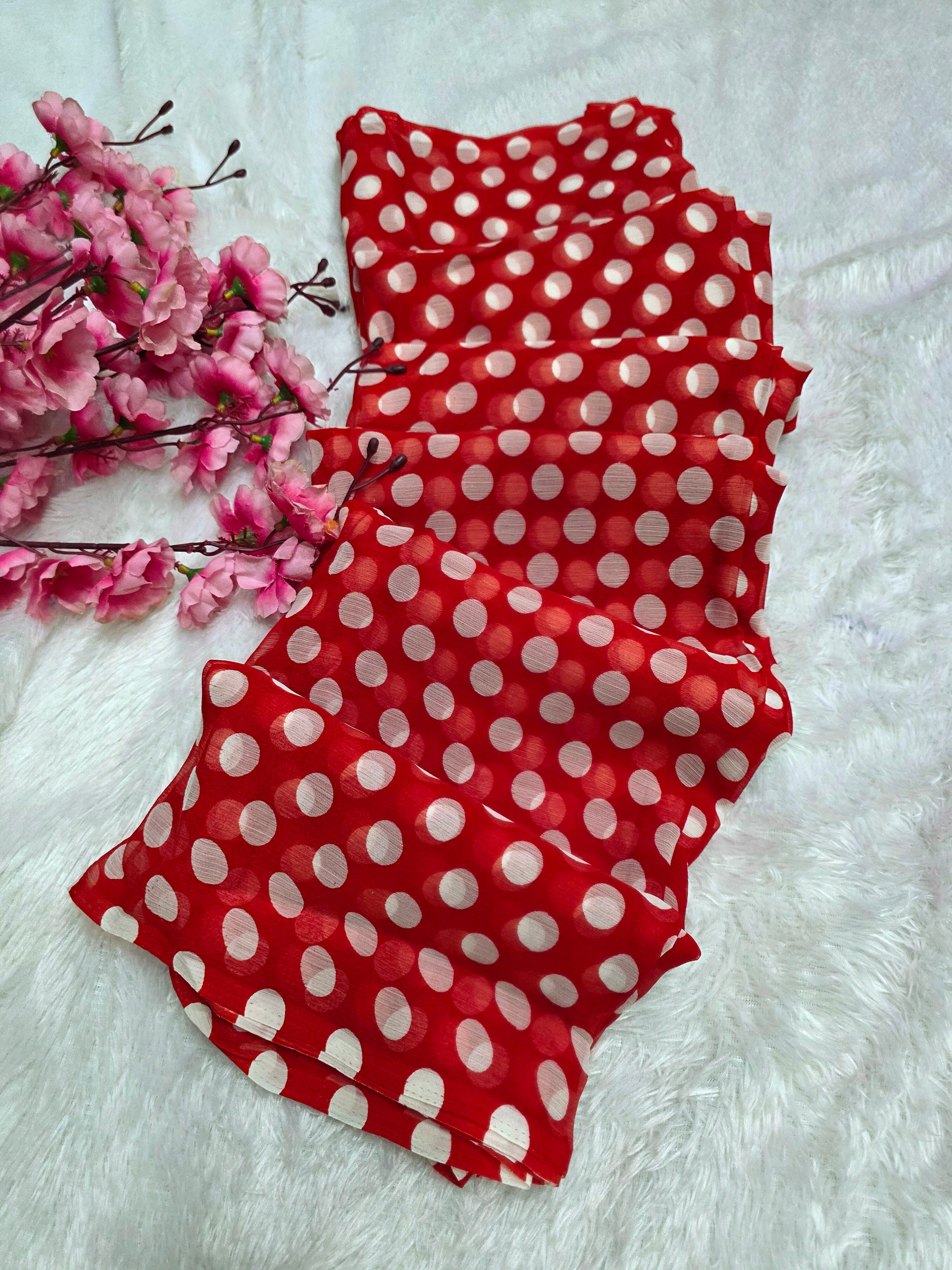 845003 Lightweight Elegant Semi Chiffon Polki Dot Print Saree - Red White