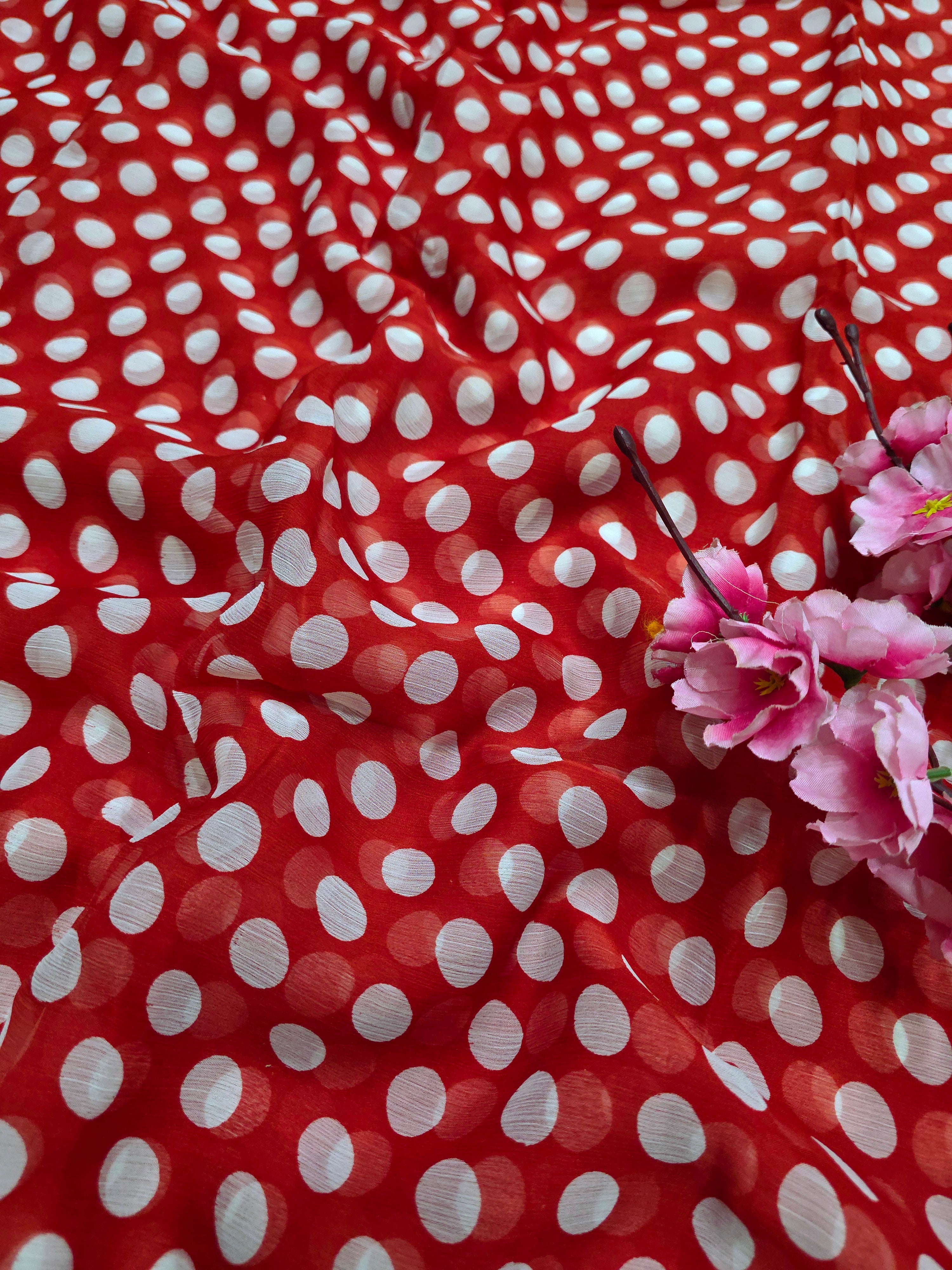845003 Lightweight Elegant Semi Chiffon Polki Dot Print Saree - Red White