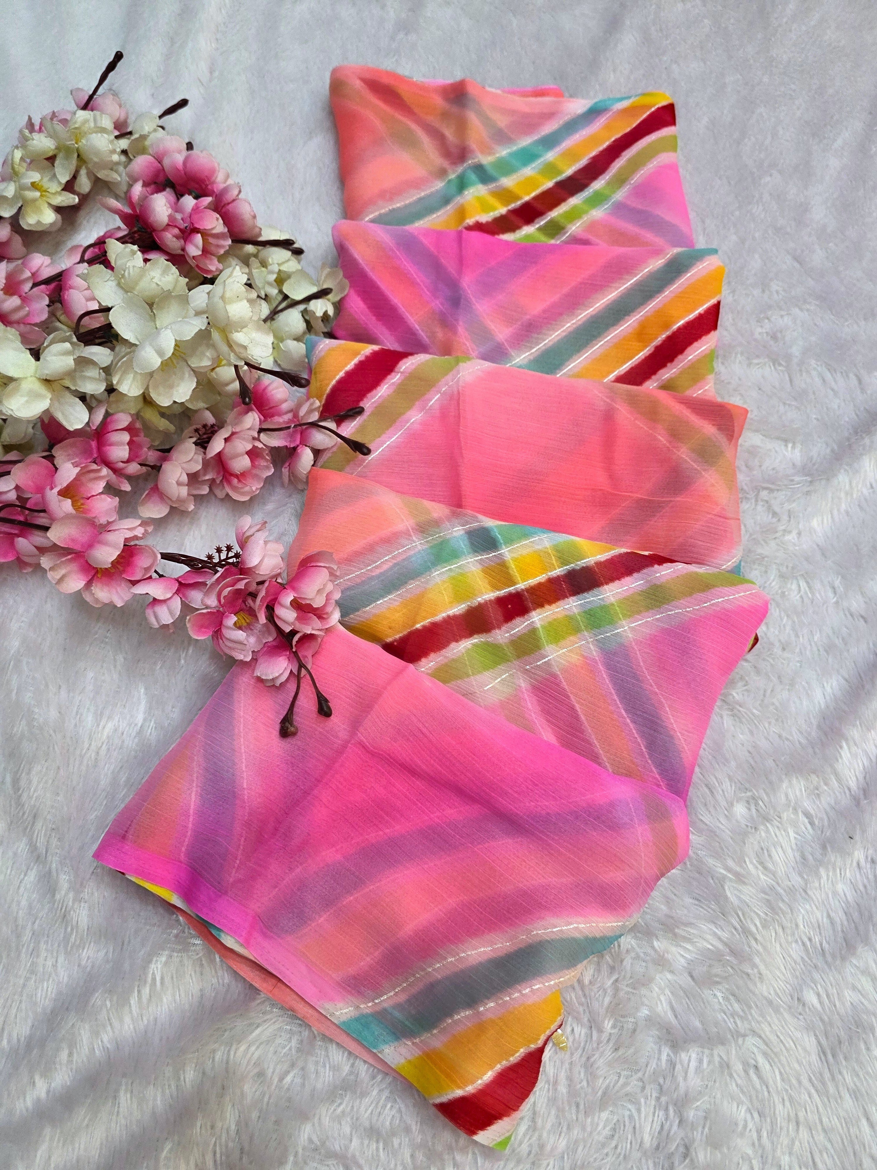 851003 Rajasthani Designer Multicolor Lehriya Chiffon Saree - Pink