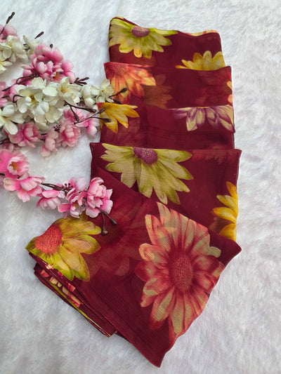 852004 Lightweight Elegant Semi Chiffon Flower Print Saree - Maroon