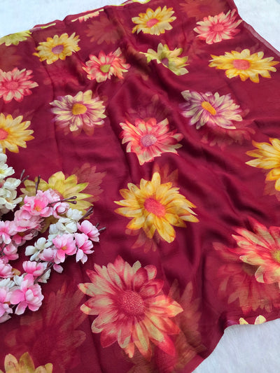 852004 Lightweight Elegant Semi Chiffon Flower Print Saree - Maroon