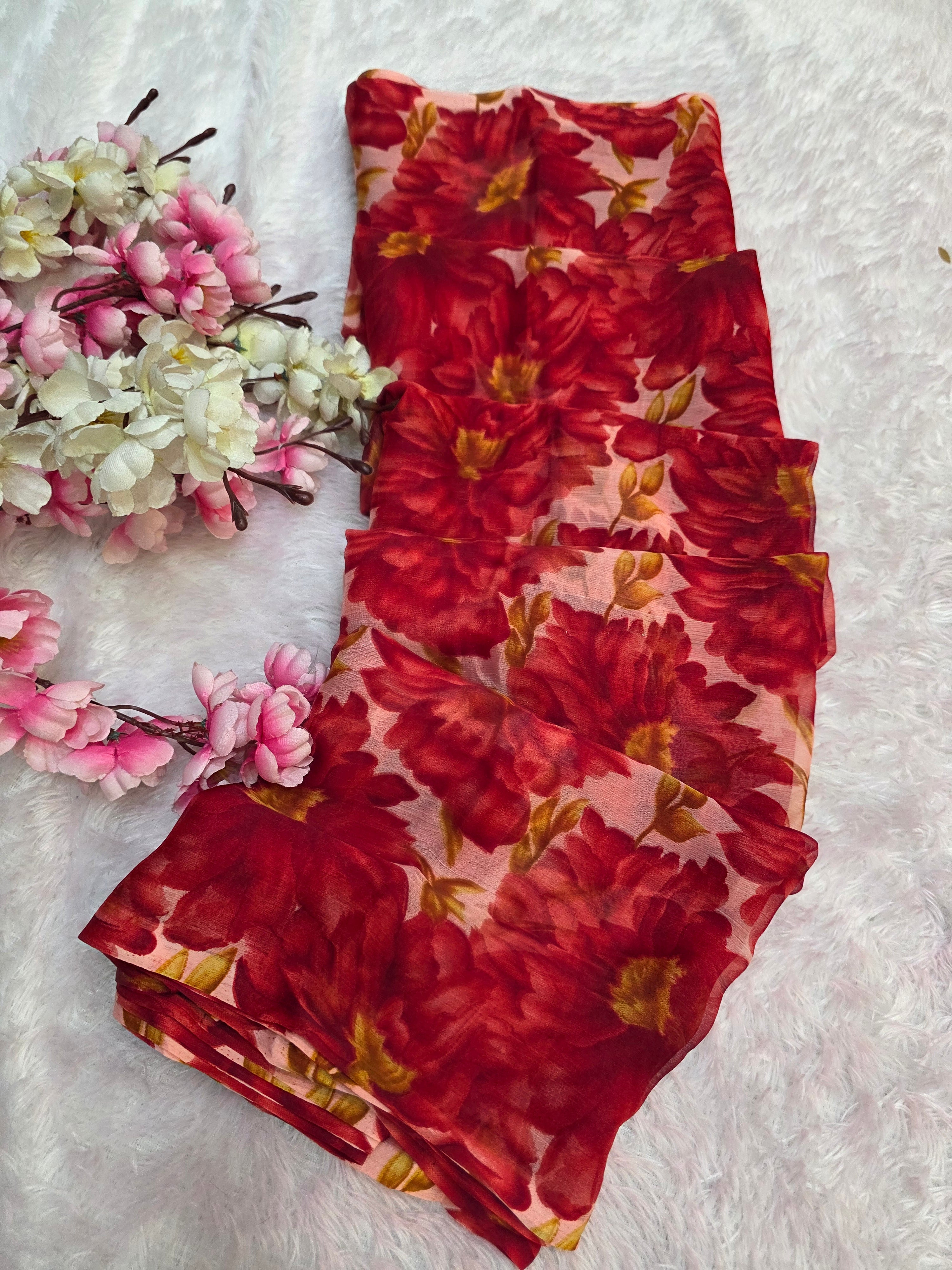 644001 एक्सक्लूसिव शिफॉन फ्लावर प्रिंट साड़ी - हरा 