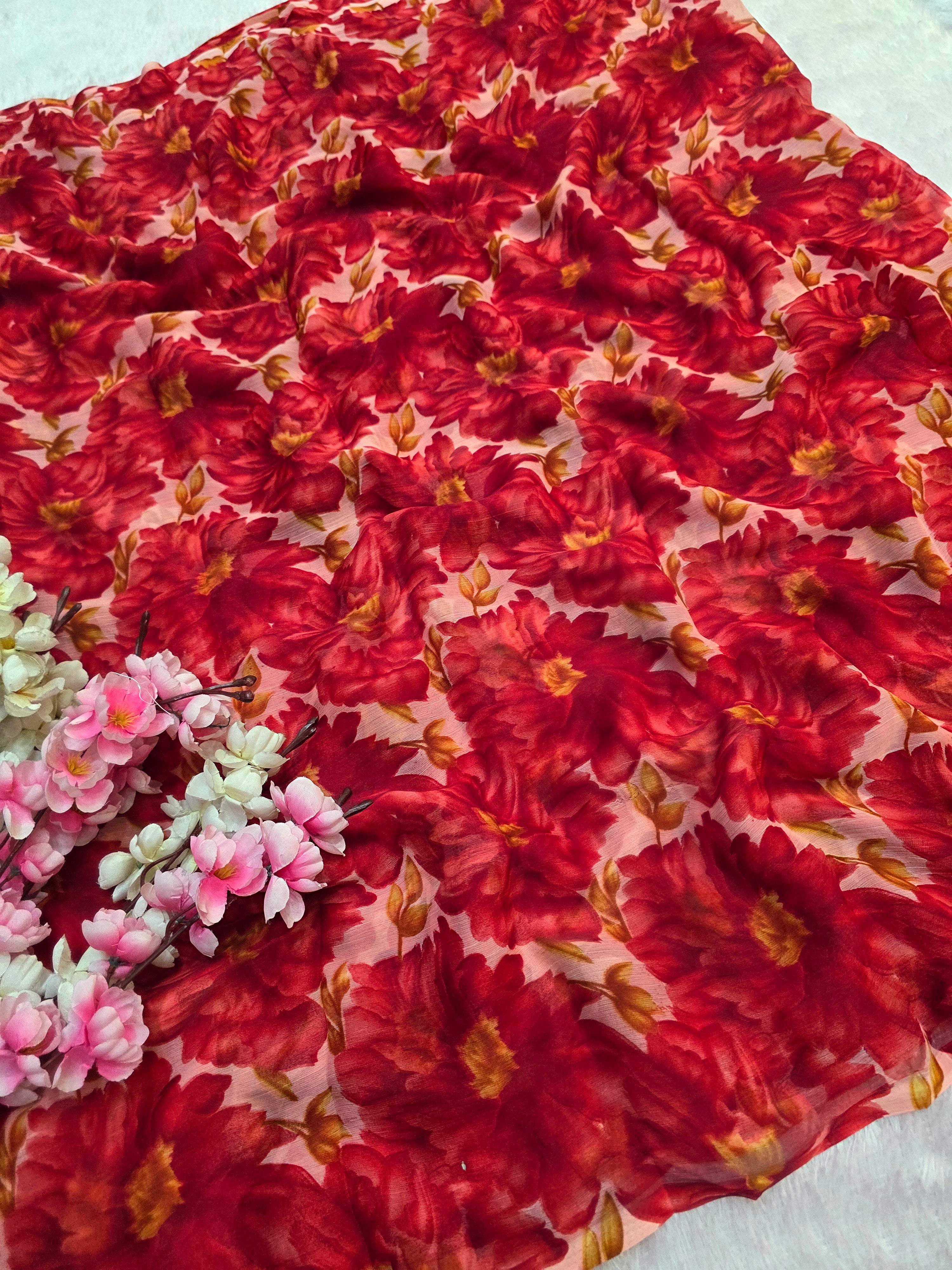 644001 एक्सक्लूसिव शिफॉन फ्लावर प्रिंट साड़ी - हरा 