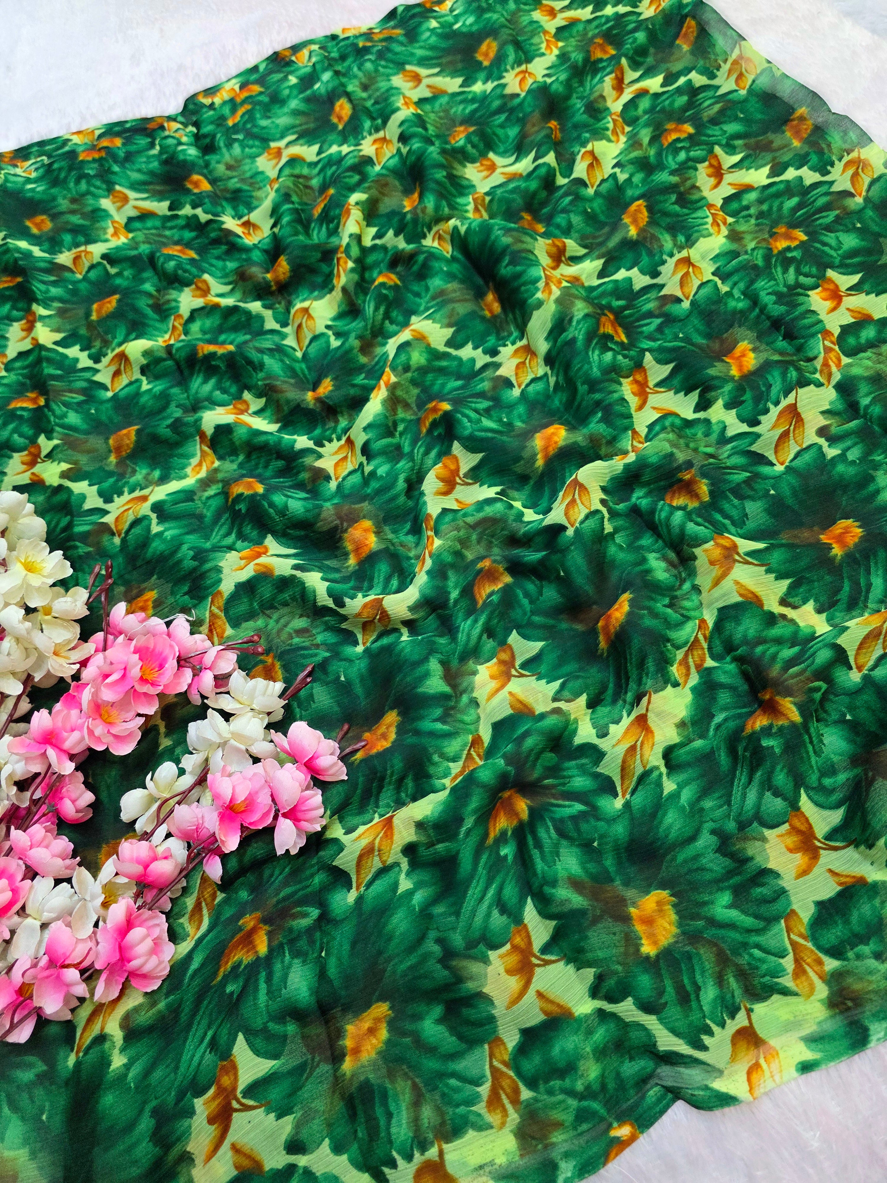 644001 एक्सक्लूसिव शिफॉन फ्लावर प्रिंट साड़ी - हरा 