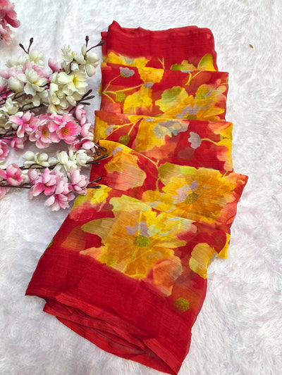 852001 Lightweight Elegant Semi Chiffon Flower Print Saree - Carrot