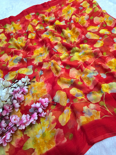 852001 Lightweight Elegant Semi Chiffon Flower Print Saree - Carrot